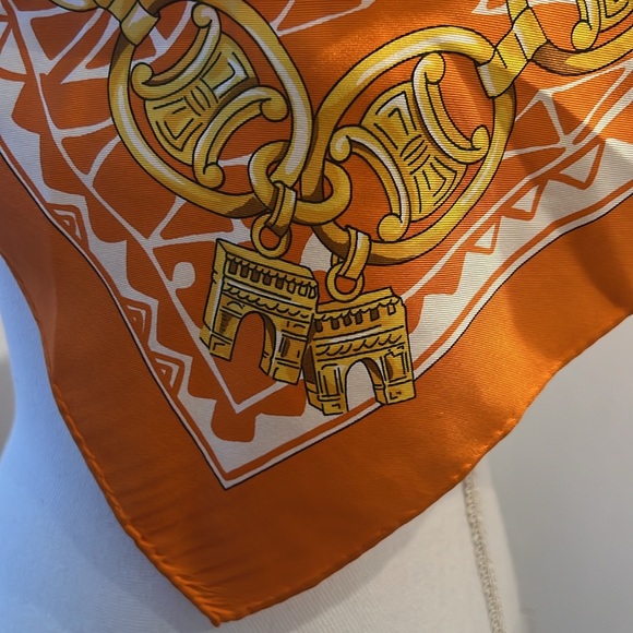 Celine Elegant Orange Silk Scarf  34”x34” - Picture 5 of 11